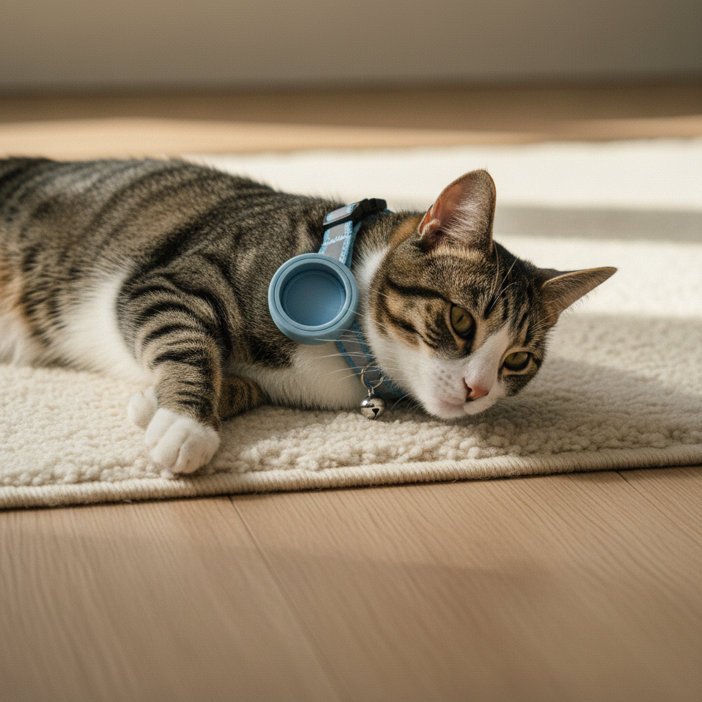 Sky-blue reflective AirTag collar worn by a calm pet in a sunlit room — kept.