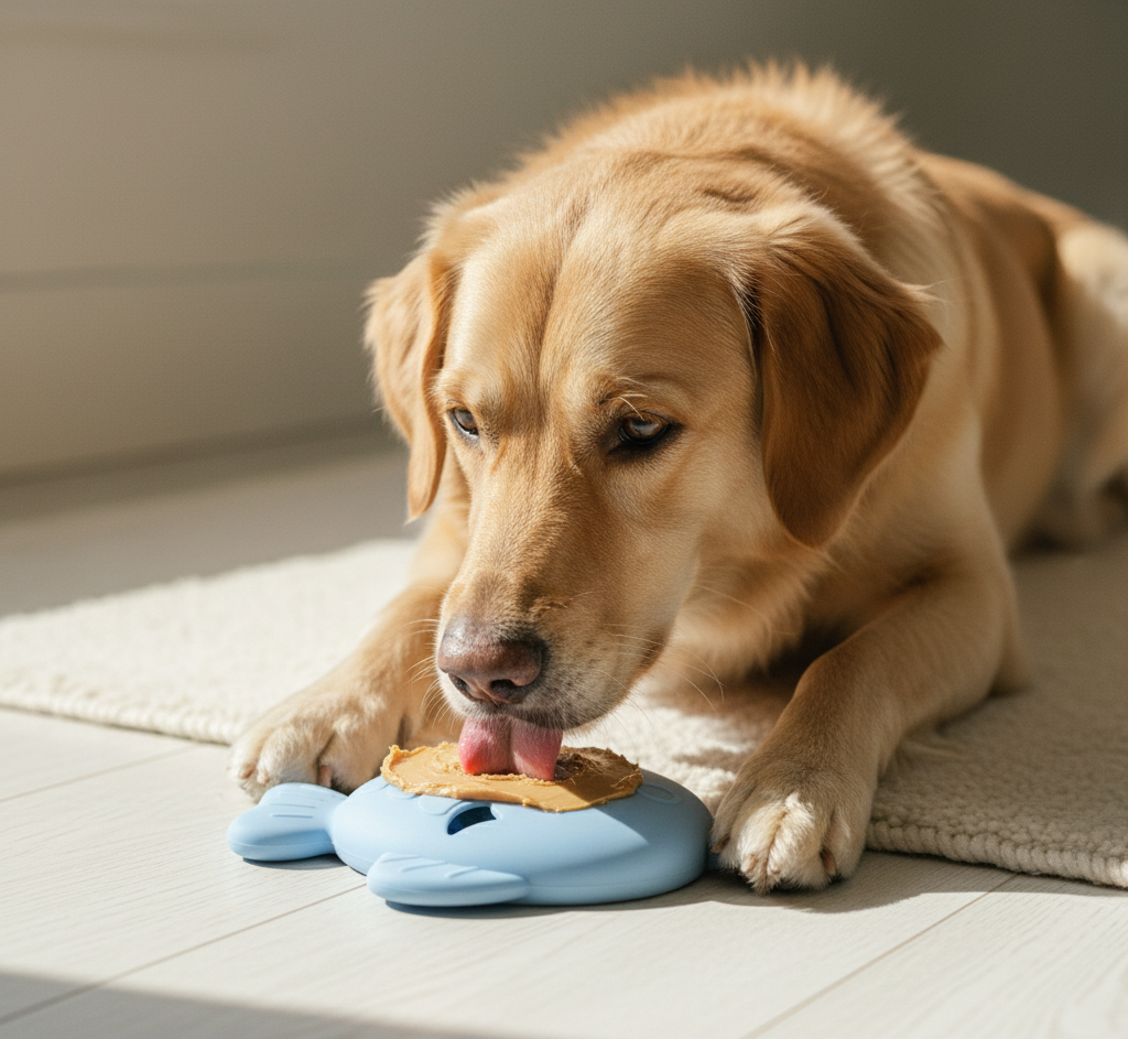 Calm dog mid-chew on the silicone fish slow-feeder, soft window light — kept.