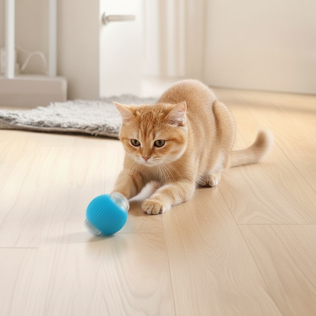 Tabby cat mid-pounce on blue auto-rolling Roamer ball with rope tail on pale oak floor — kept. v2