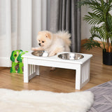 Elevated stainless dog feeding station with wooden frame