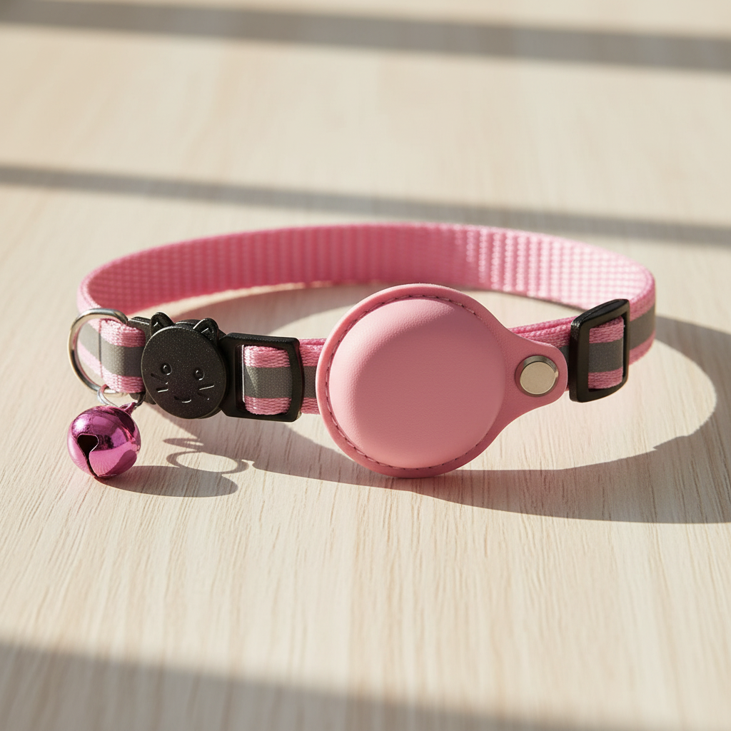 Angled view of the pink reflective AirTag collar showing the waterproof tracker pocket and buckle — kept.