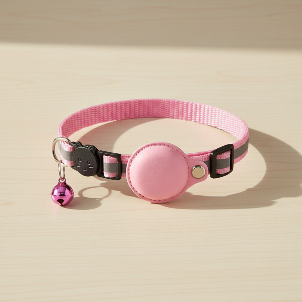 Pink reflective nylon AirTag cat and dog collar with hidden waterproof tracker pocket, studio on warm pale oak — kept.