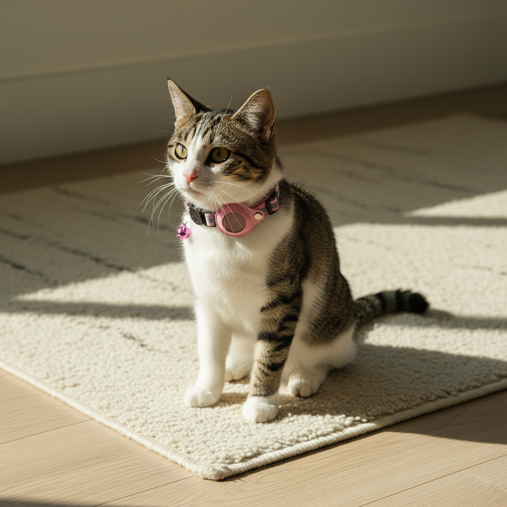 Pink reflective AirTag collar worn by a calm pet in a sunlit room — kept.