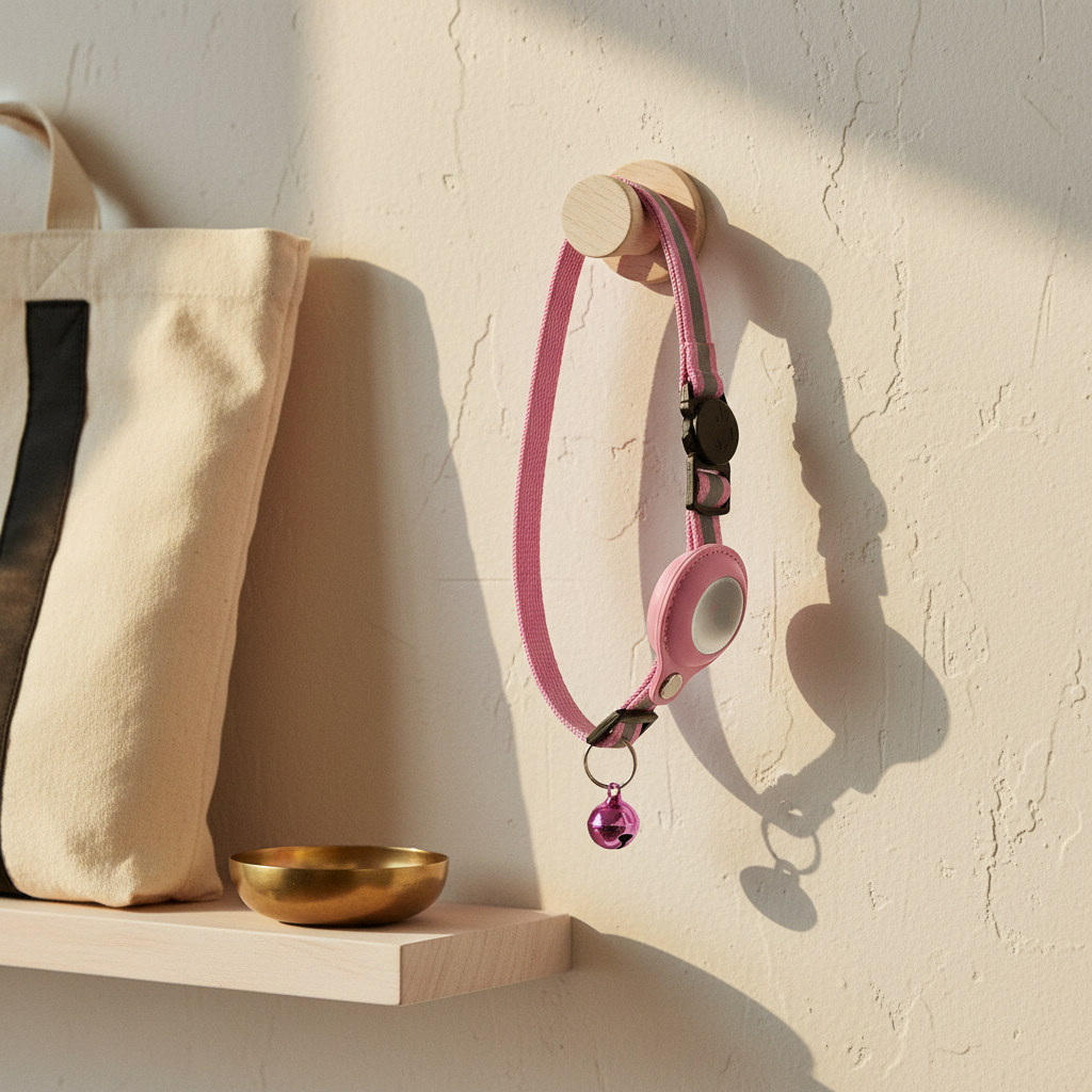 Pink AirTag collar styled on cream linen in a sunlit corner — kept.