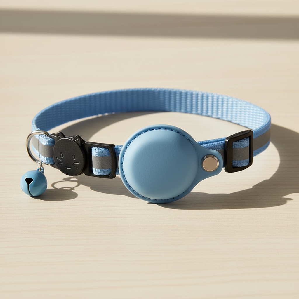Angled view of the sky-blue reflective AirTag collar showing the waterproof tracker pocket and buckle — kept.