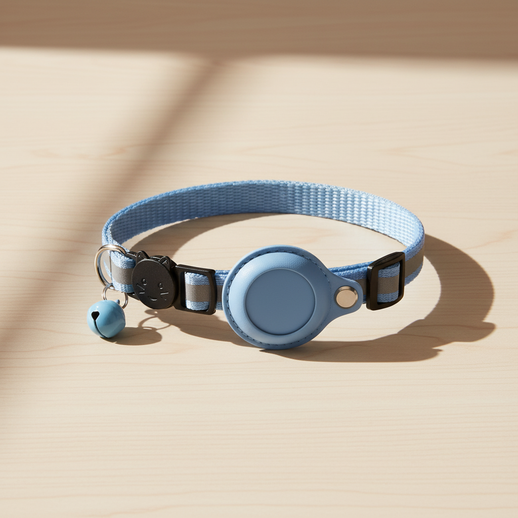 Sky-blue reflective nylon AirTag cat and dog collar with hidden waterproof tracker pocket, studio on warm pale oak — kept.