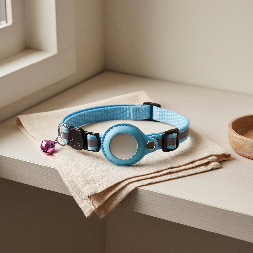 Sky-blue AirTag collar styled on cream linen in a sunlit corner — kept.