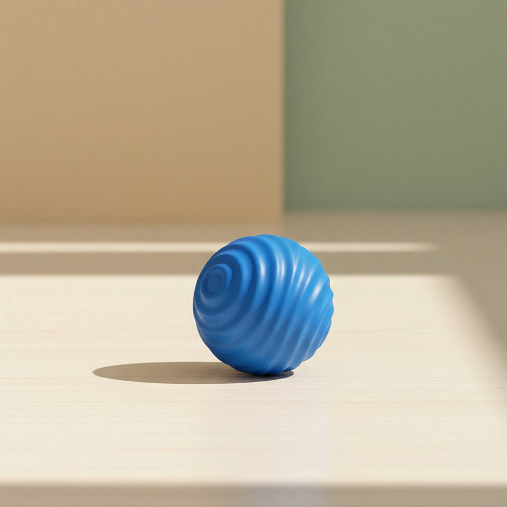 Blue durable rubber chew ball with spiral ridge pattern on warm pale oak — kept. v2