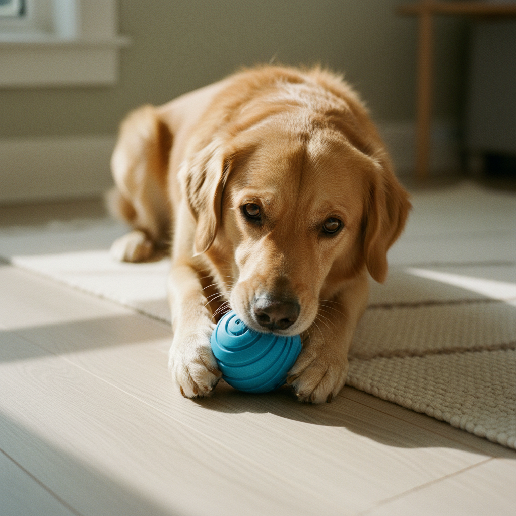 Golden dog confidently chewing the blue rubber ball, paws on cream rug — kept. v2