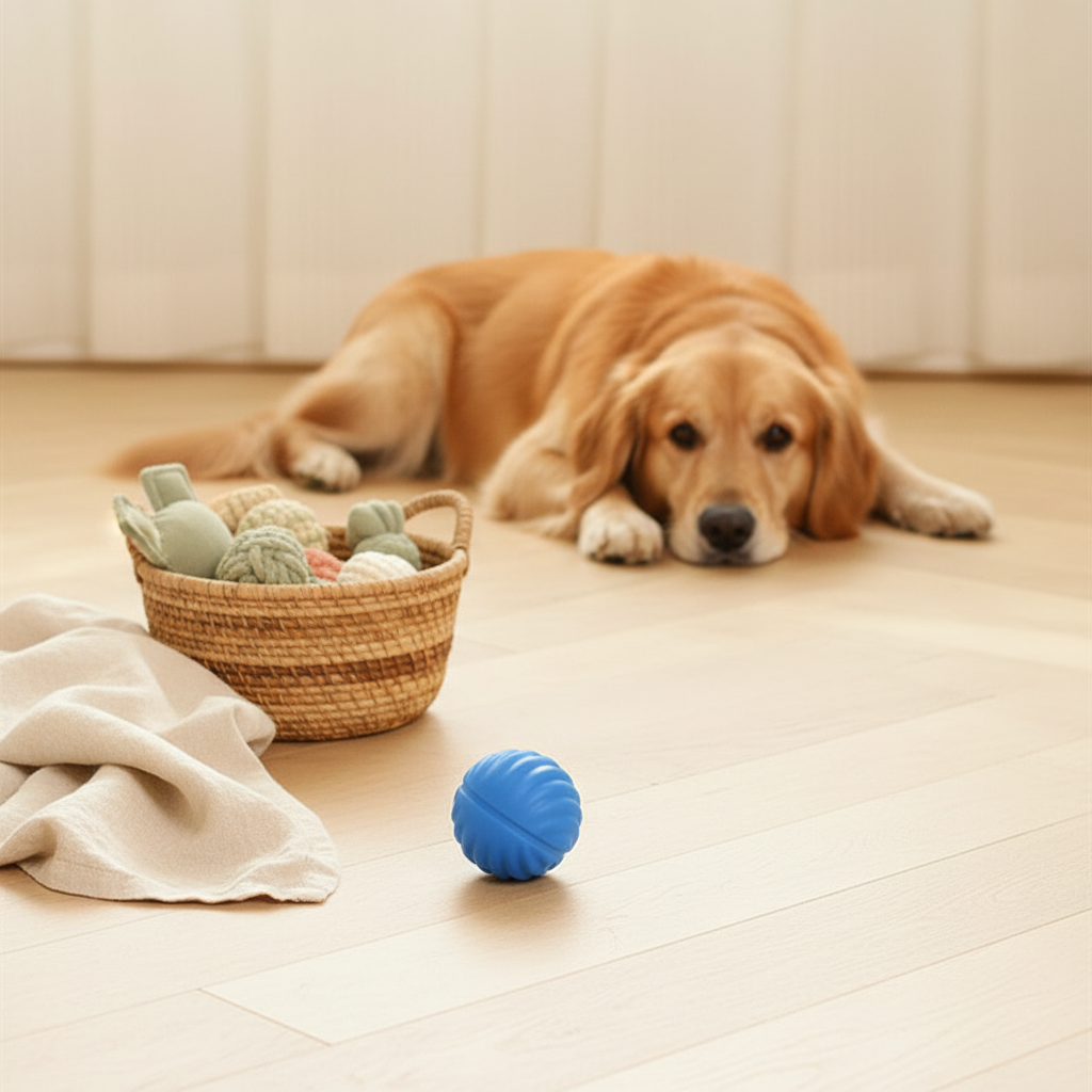 Blue chew ball on pale oak floor with cream throw, golden dog at rest in background — kept. v2