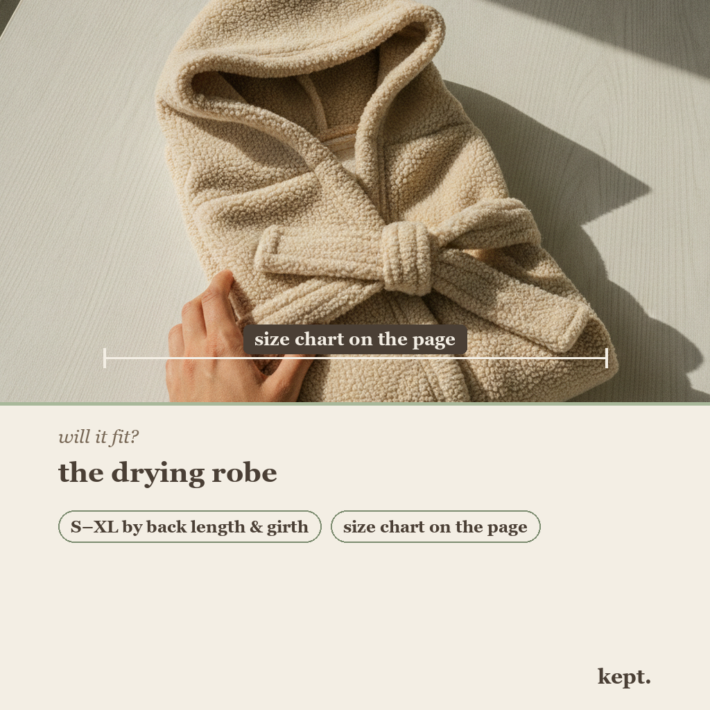 kept. drying robe dimension card