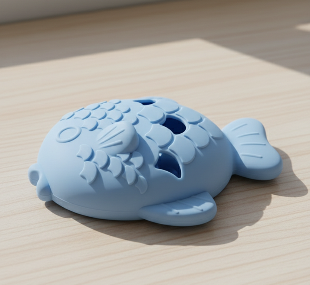 Macro detail of silicone fish slow-feeder texture and treat openings — kept.