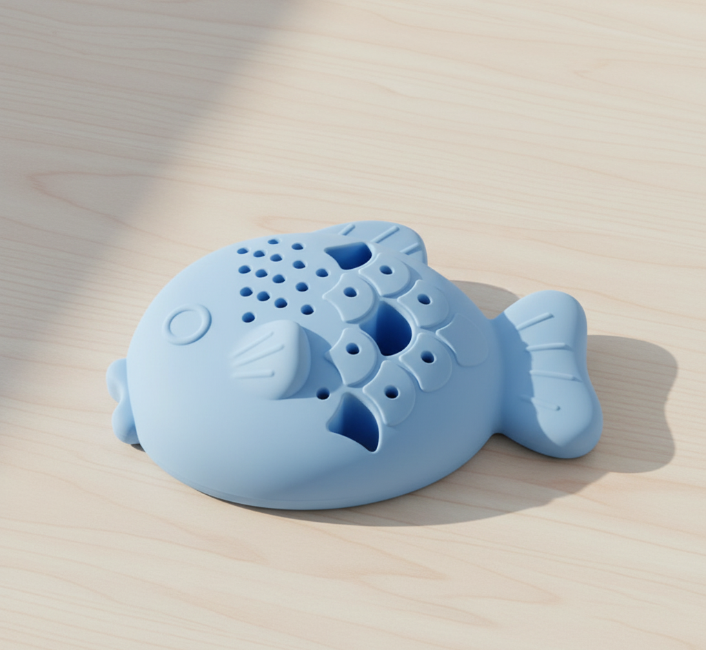 Fish-shaped silicone slow-feeder dispenser, studio on warm pale oak — kept.