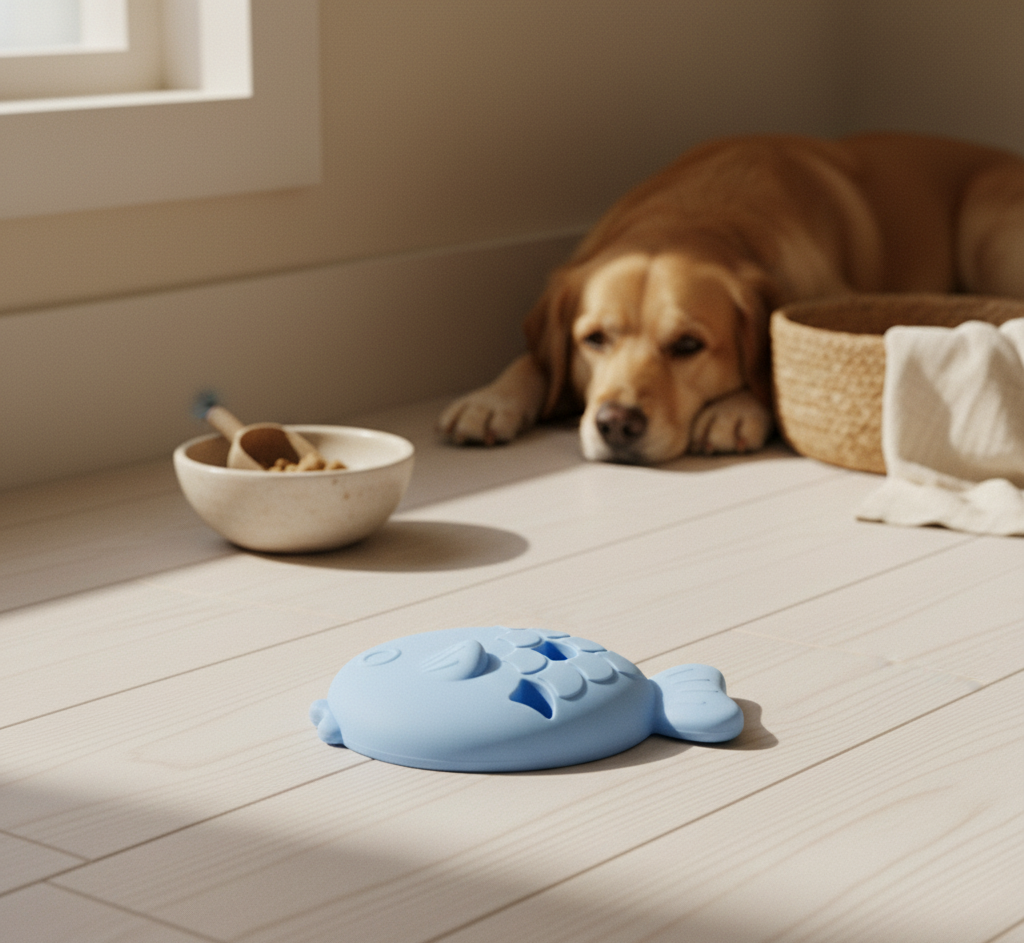 Silicone fish slow-feeder styled on cream linen near a sunlit windowsill — kept.