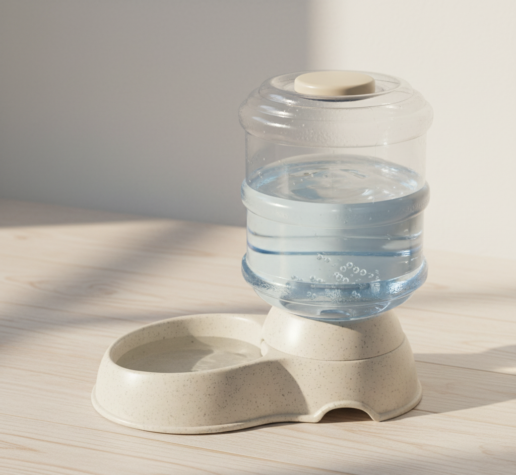 Gravity water dispenser — detail on tank-to-base junction and refill cap — kept.
