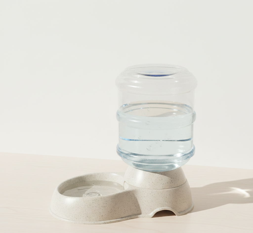 Gravity water dispenser, bottle-fed waterer, studio on warm pale oak — kept.