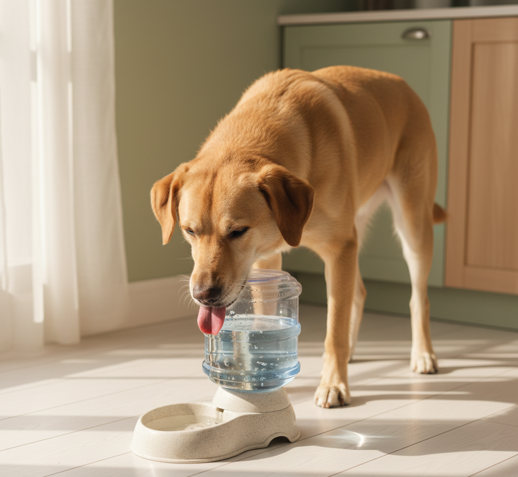 Tan dog calmly drinking from the kept. gravity dispenser in a sunlit kitchen corner