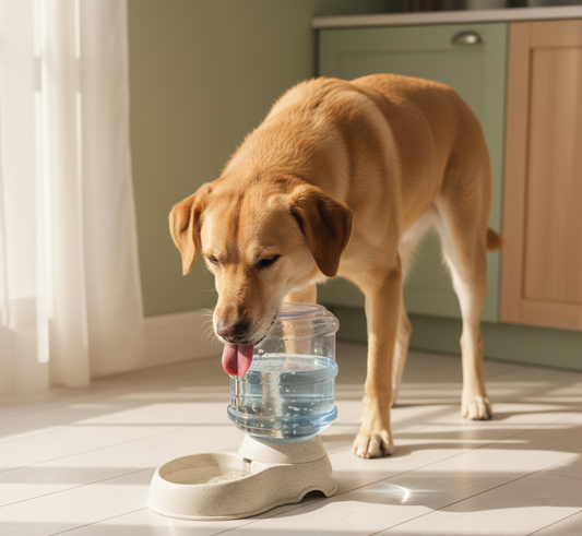Tan dog calmly drinking from gravity water dispenser bowl, kitchen corner, warm window light — kept.