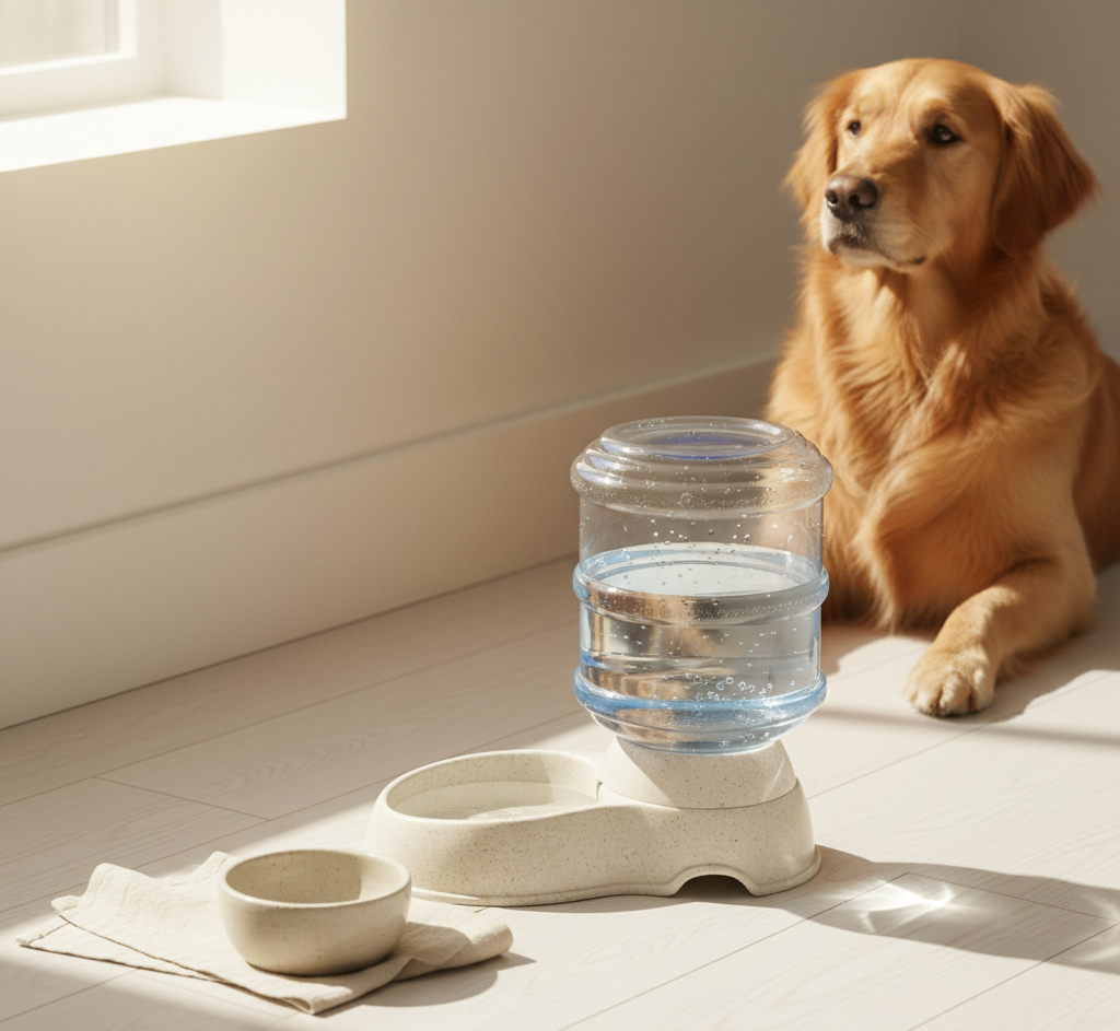 Gravity water dispenser on pale oak kitchen floor in a sunlit corner — kept.