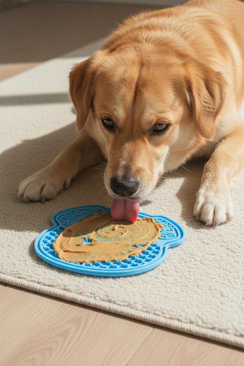 Golden dog mid-lick on blue paw-shaped lick mat with peanut butter spread — kept. v2
