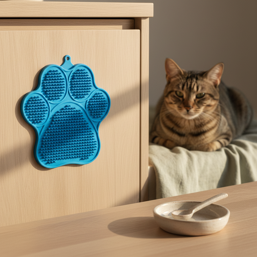 Blue paw-shaped lick mat suction-stuck to bathtub edge in warm-lit kitchen corner — kept. v2