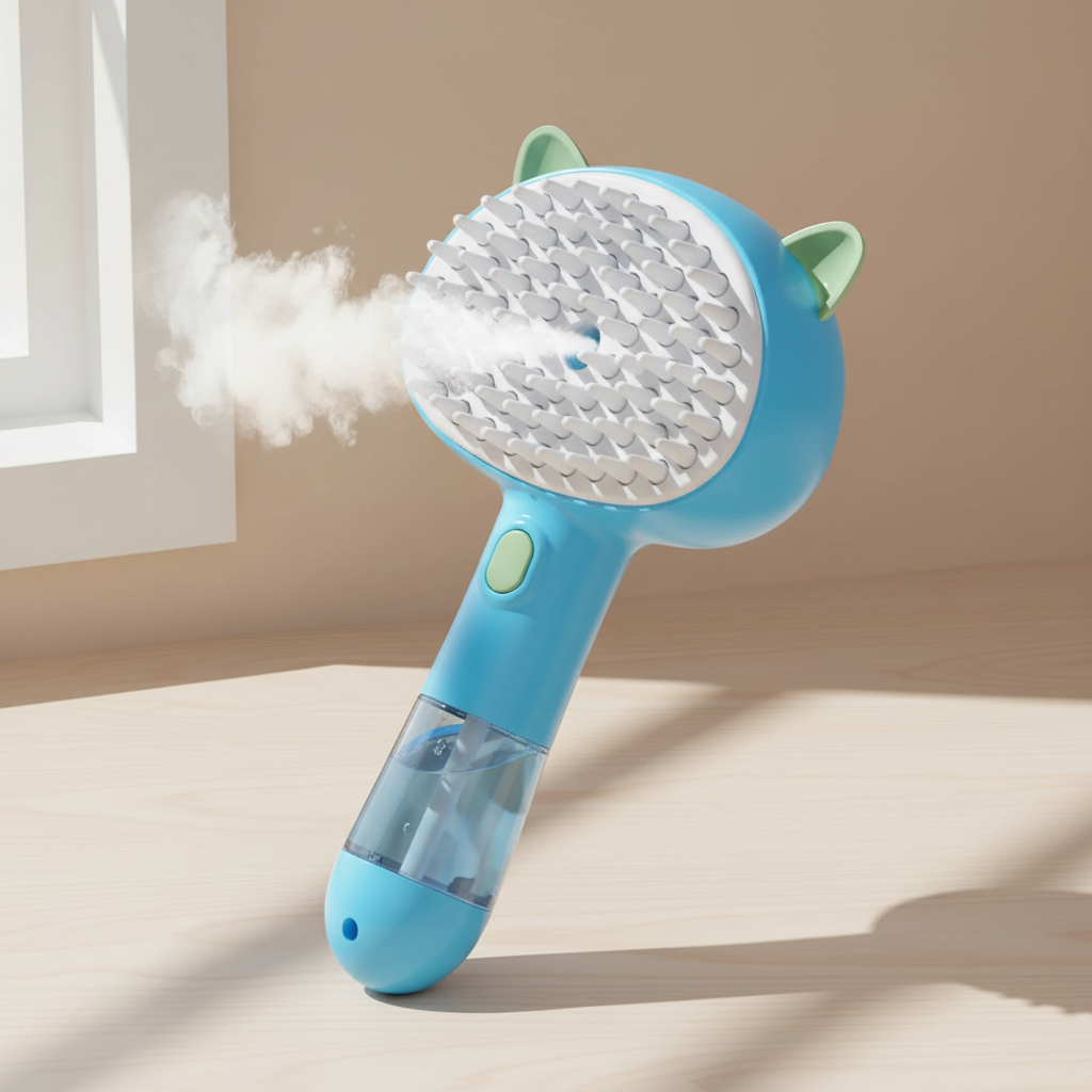 Blue 4-in-1 cat misting grooming brush with cat-ear top and white bristles — kept. v2