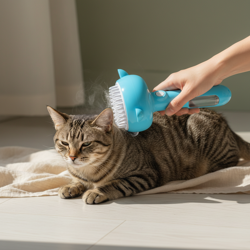Hand brushing calm tabby cat with blue misting grooming brush, faint cool mist visible — kept. v2