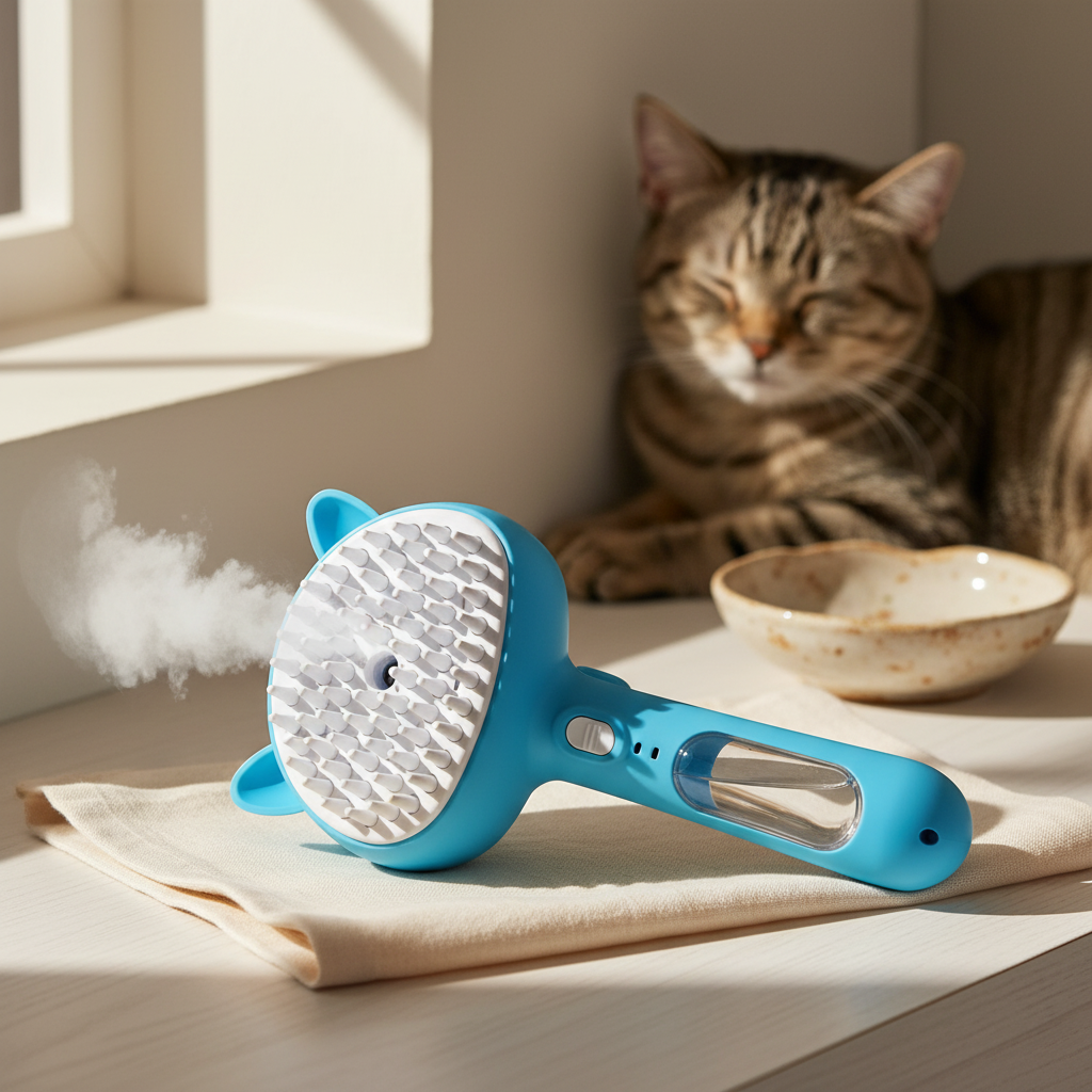 Blue misting brush on cream linen on pale oak shelf, tabby cat in soft focus — kept. v2