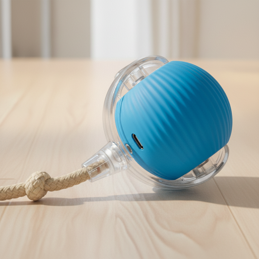 Macro of blue Roamer ball horizontal grooves, clear plastic dome, and USB-C port — kept. v2