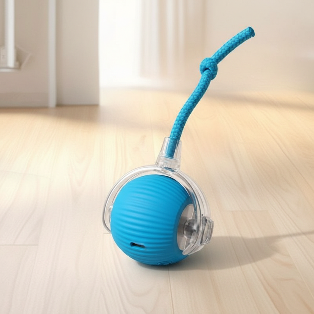 Blue Roamer interactive auto-rolling cat ball with clear dome and rope tail — kept. v2