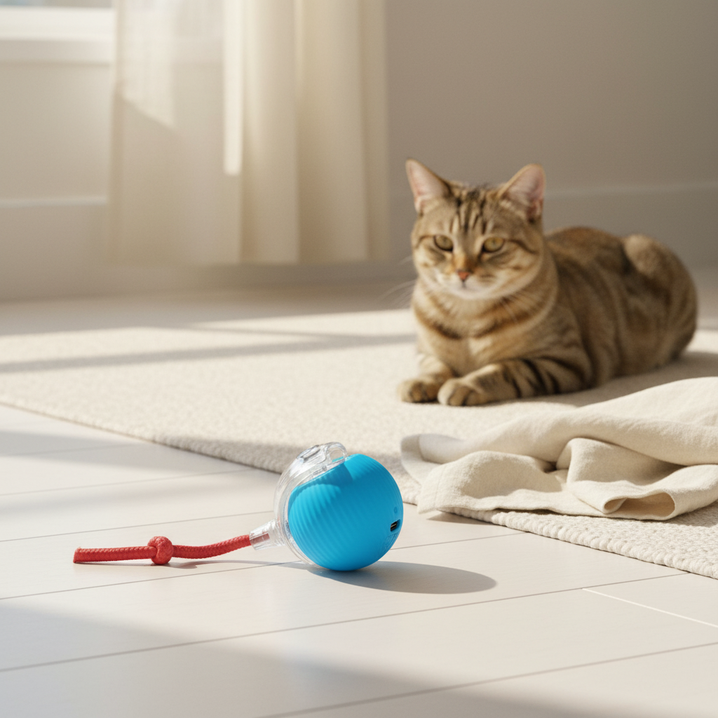 Blue Roamer ball on pale oak floor beside cream throw, tabby cat lounging in background — kept. v2