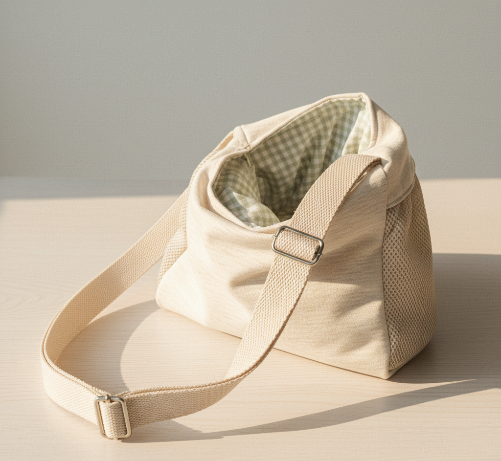 Sling detail — buckle strap, mesh side panel, gingham lining — kept.