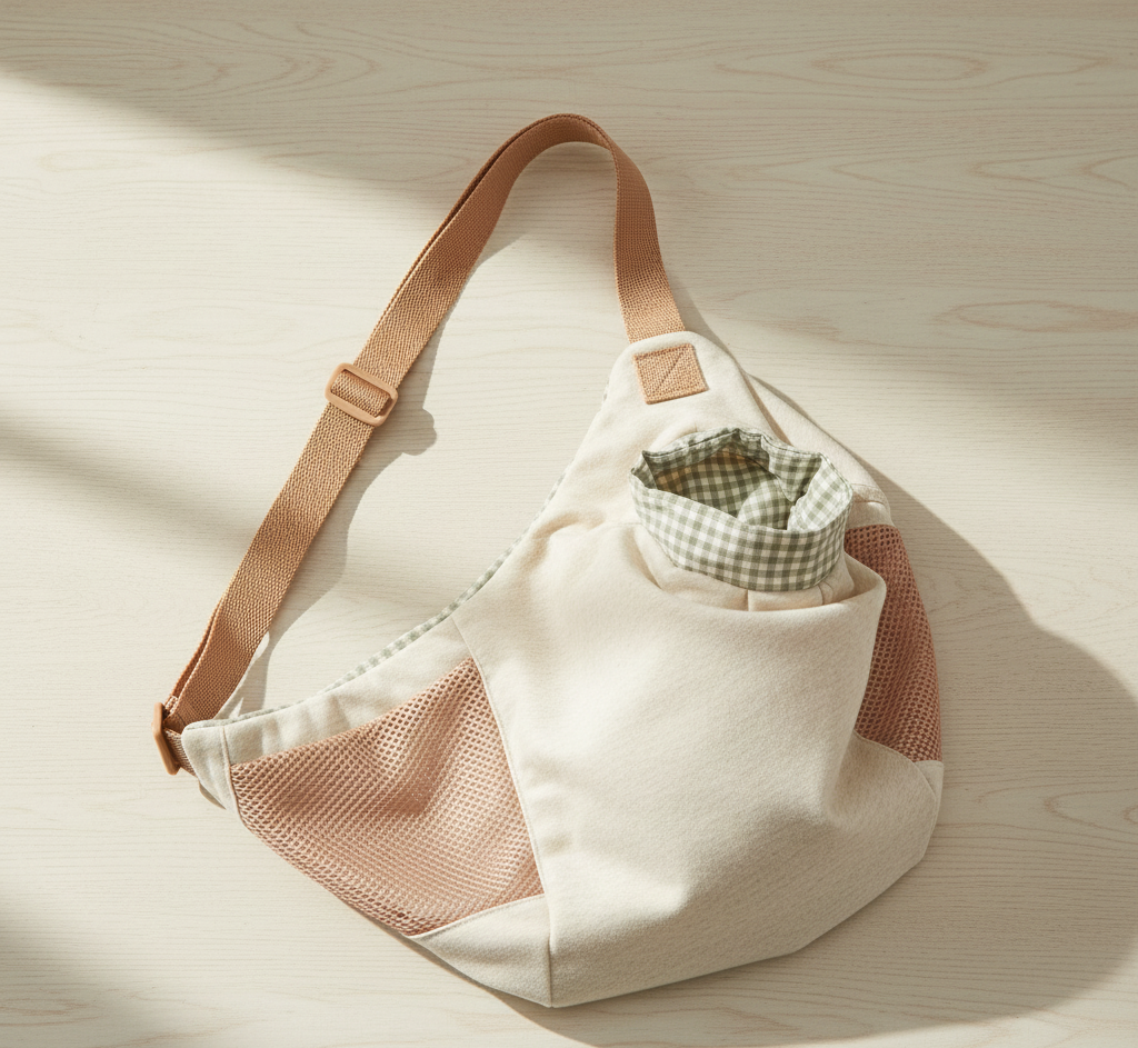 Crossbody pet carrier sling, studio on warm pale oak — kept.