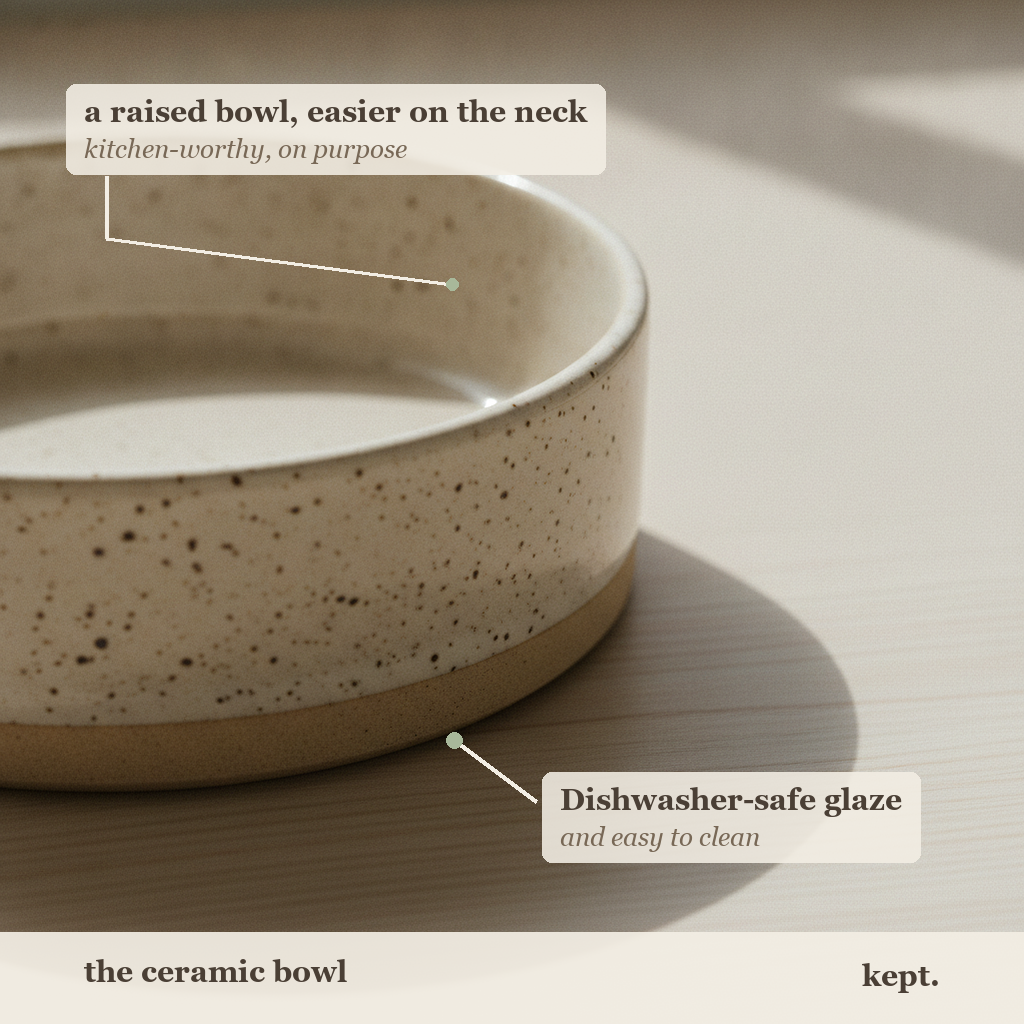 kept. speckled ceramic bowl callout card