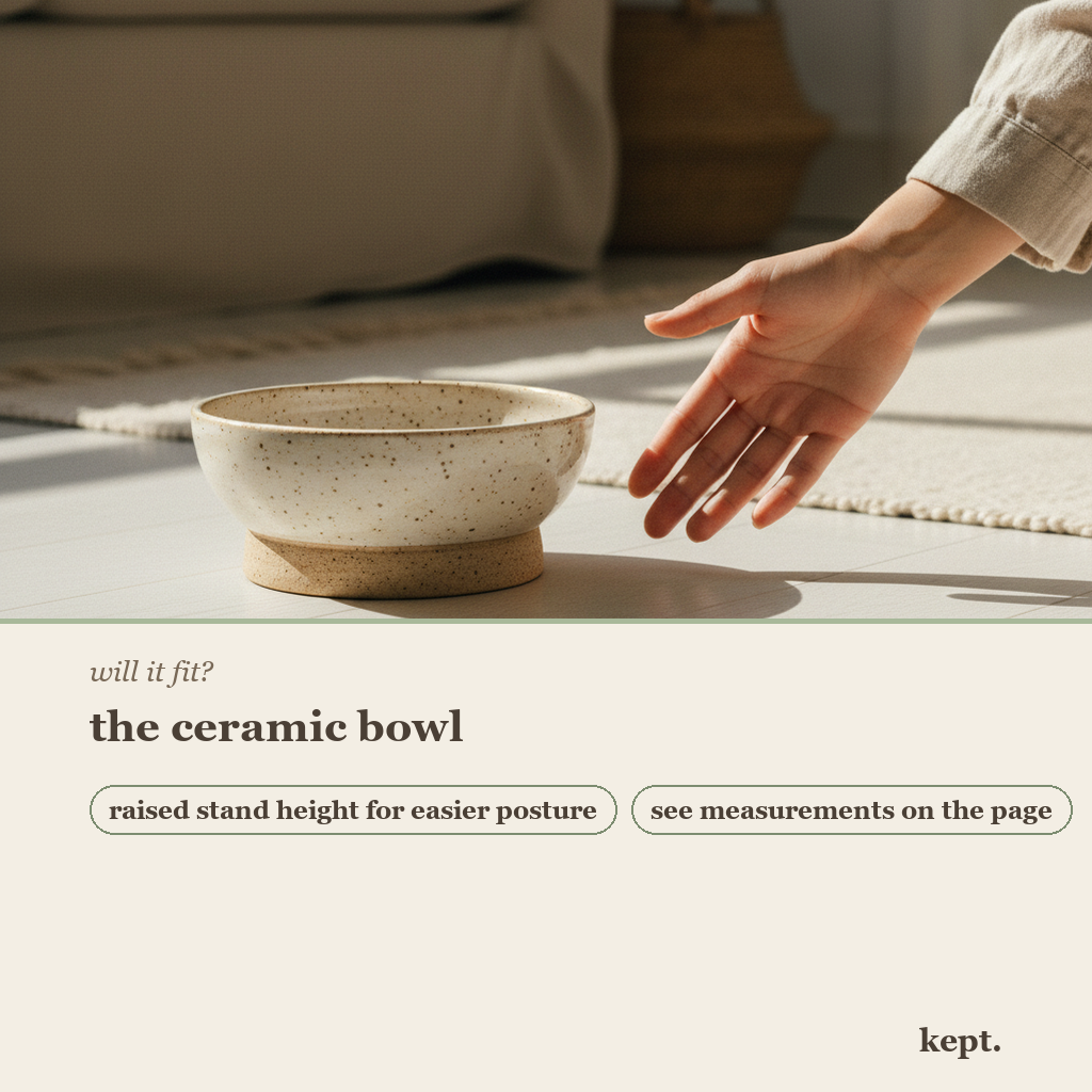 kept. speckled ceramic bowl dimension card