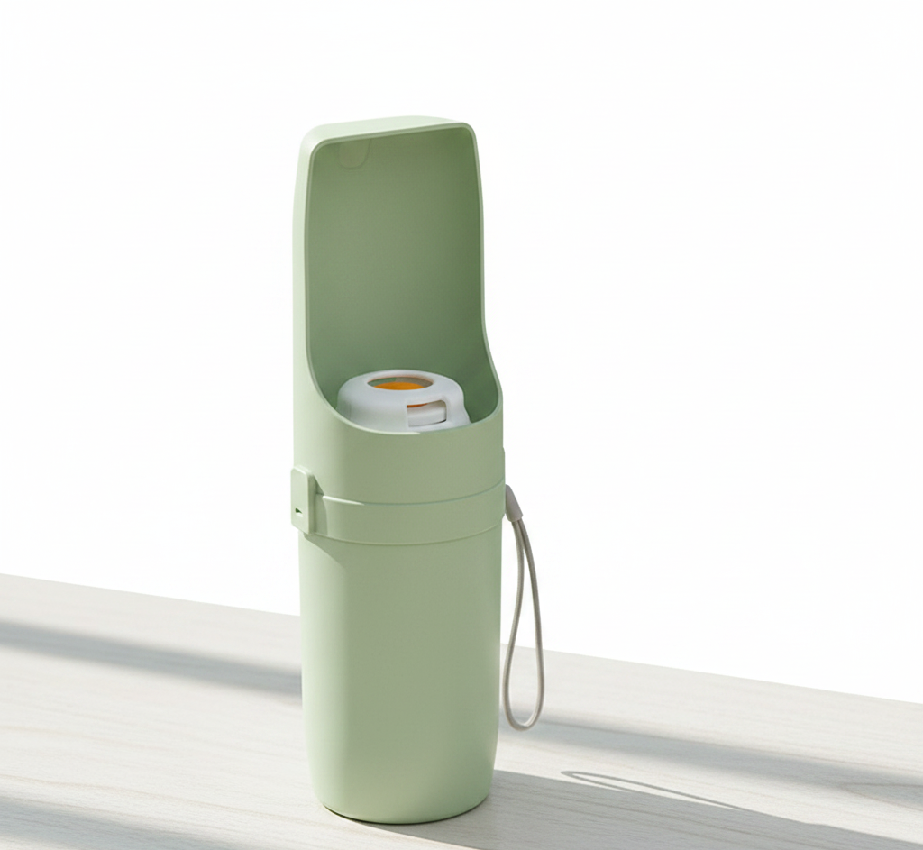 2-in-1 portable dog water bottle, studio on warm pale oak — kept.