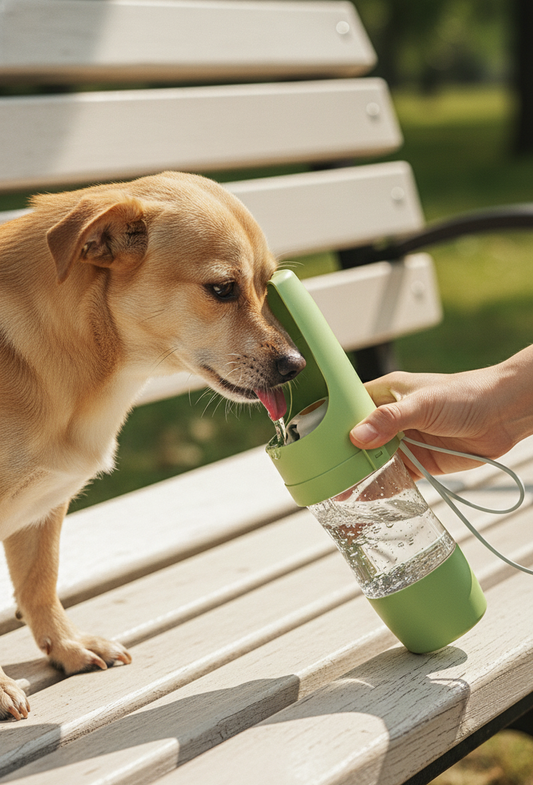Dog drinking from the kept. 2-in-1 water bottle fold-out cup on a walk